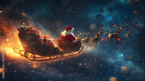 Santa Claus flying across a starry night sky in his sleigh