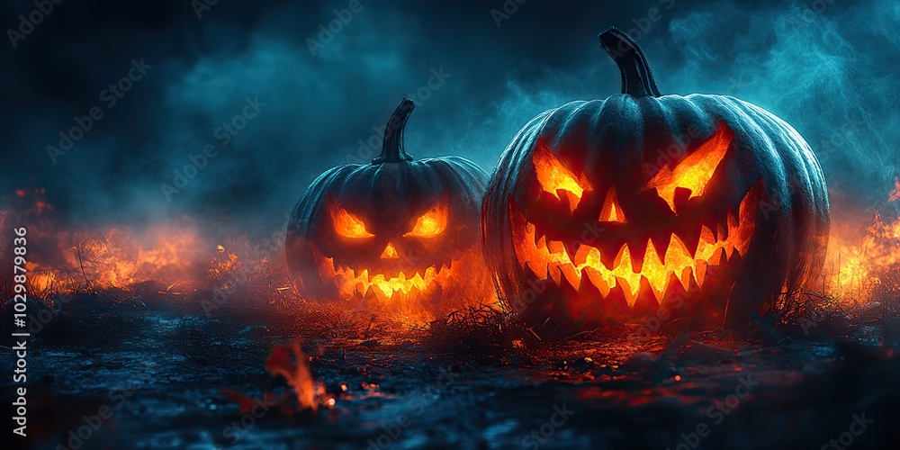 Glowing evil pumpkins creating a spooky atmosphere on a foggy autumn night for a Halloween banner. Glowing evil pumpkins creating a spooky atmosphere on a foggy autumn night for a Halloween banner.