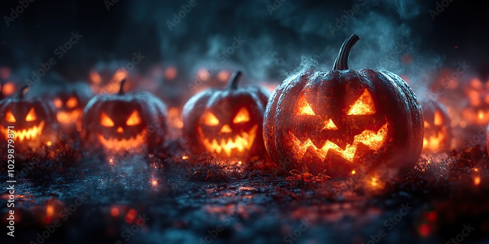 Glowing evil pumpkins creating a spooky atmosphere on a foggy autumn night for a Halloween banner. Glowing evil pumpkins creating a spooky atmosphere on a foggy autumn night for a Halloween banner.