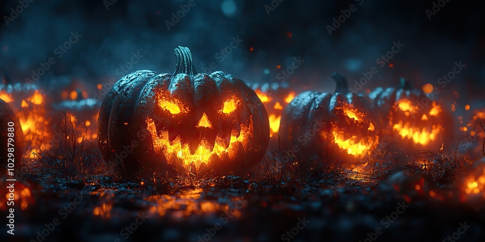 Fototapeta premium Glowing evil pumpkins creating a spooky atmosphere on a foggy autumn night for a Halloween banner.