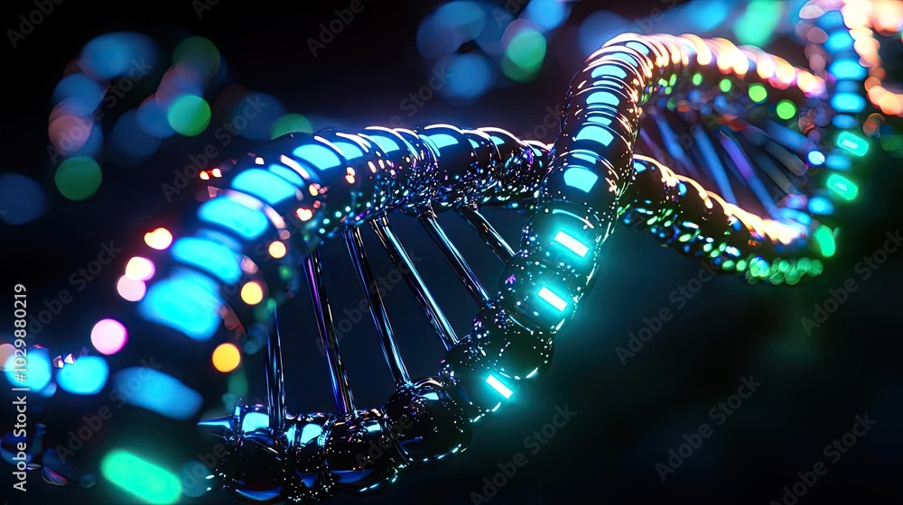 Colorful DNA molecule structure on dark background, isolated visualization. Colorful DNA molecule structure on dark background, isolated visualization.