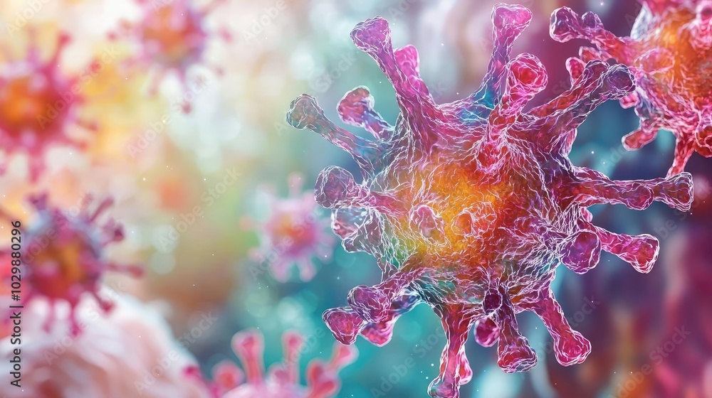 Close-up view of a colorful virus under a microscope, isolated on a blurred background. Close-up view of a colorful virus under a microscope, isolated on a blurred background.