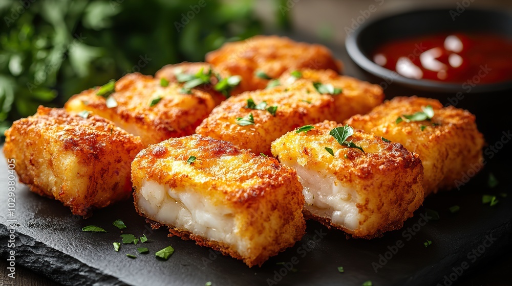 Golden crispy fried fish fingers nuggets are displayed on a dark background in close-up.