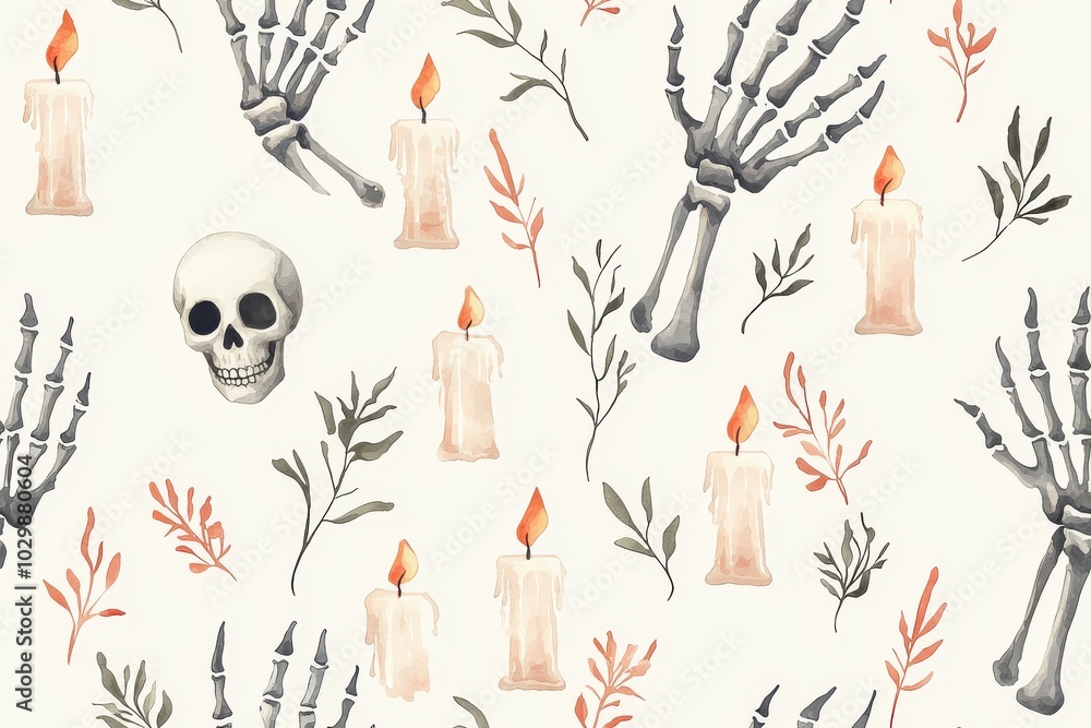 Naklejka premium Skeletons and candles pattern on a light background.