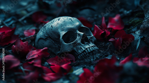 A human skull hald buried in the ground surrounded by rich red rose petals Halloween graphic photo