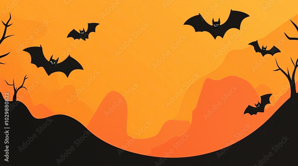 A minimalistic Halloween scene featuring flying bats and bare trees silhouetted against an orange sky. The eerie landscape creates a spooky atmosphere, perfect for Halloween-themed designs A minimalistic Halloween scene featuring flying bats and bare trees silhouetted against an orange sky. The eerie landscape creates a spooky atmosphere, perfect for Halloween-themed designs