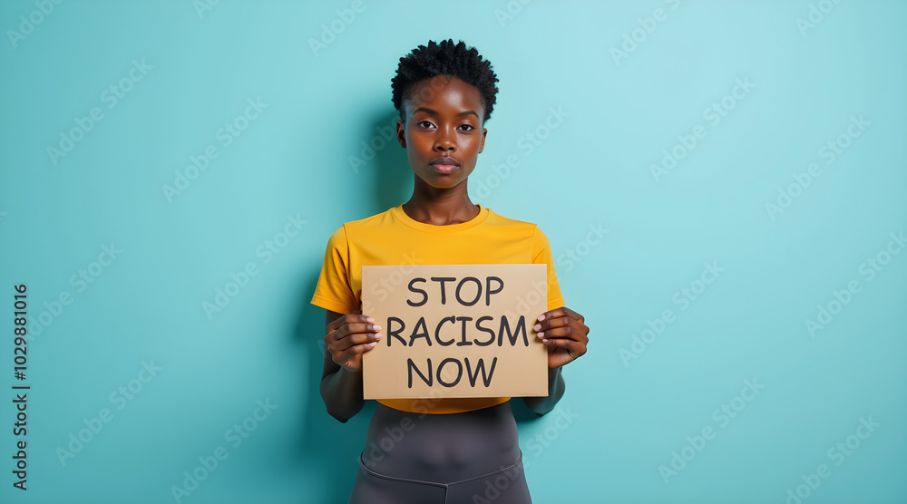 Young African American Woman Holding Sign Against Racism Young African American Woman Holding Sign Against Racism