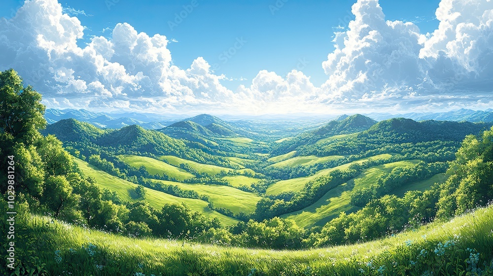 Green fields or hills landscape under a bright blue sky in an illustration. Green fields or hills landscape under a bright blue sky in an illustration.