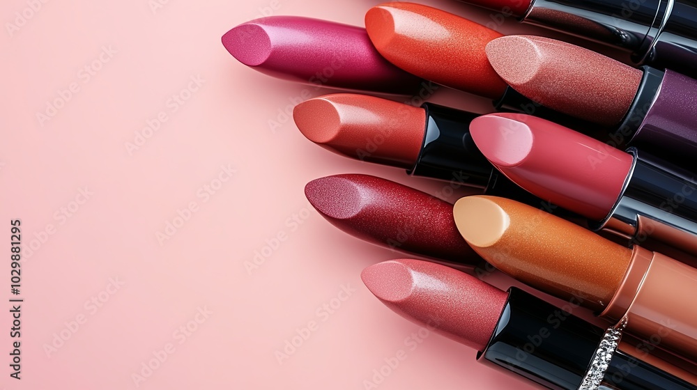 Vibrant Close-Up of Array of Lipsticks on Pink Background Vibrant Close-Up of Array of Lipsticks on Pink Background