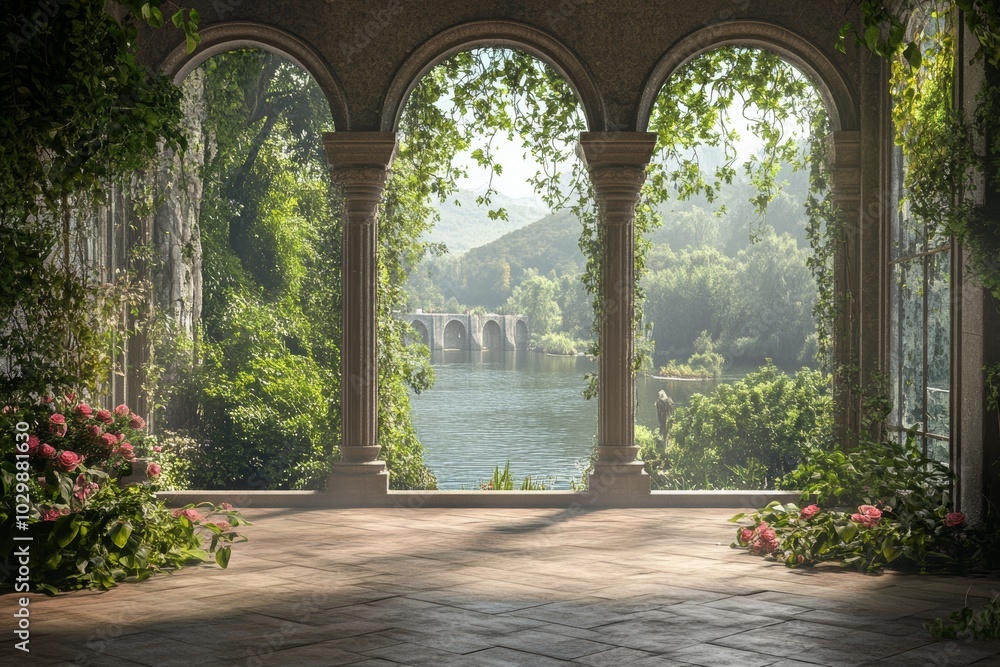 Fototapeta premium Scenic Archway Overlooking Serene Lake and Lush Greenery