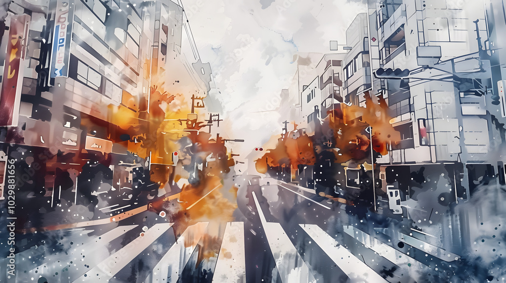 Road Divider street watercolor Road Divider street watercolor