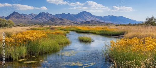 A winding river flows through a lush meadow, with tall grass and yellow wildflowers, towards the majestic mountain range in the distance. The sky is bright blue with white fluffy clouds.