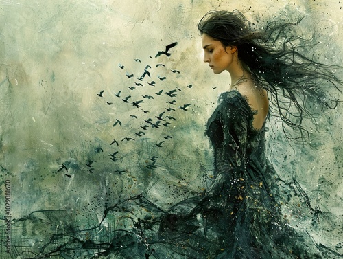 A Woman in a Dark Dress with Birds Flying Away