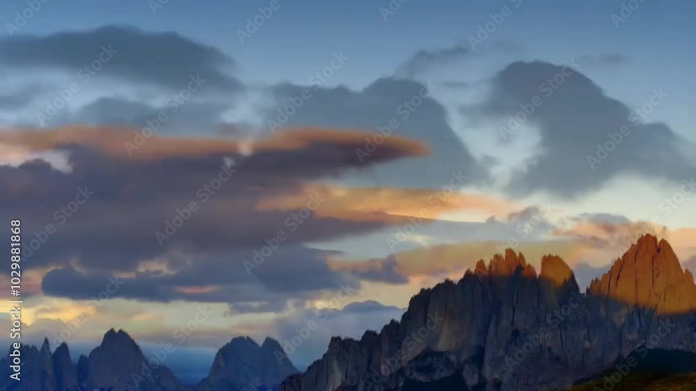 Dramatic sunset over the Italian Dolomites mountain range.
Dramatic sunset over the Italian Dolomites mountain range.