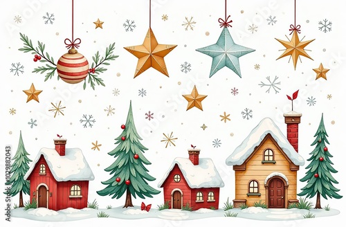 Large set of hand-drawn watercolor illustrations on the theme of Christmas. Cozy Christmas houses. Stars, snowflakes, spruce and branches, festive mood for stickers, decorations, design