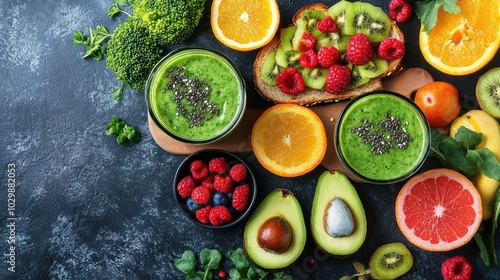 A flat lay composition of a healthy breakfast with green smoothies, avocado toast, and fresh fruits.