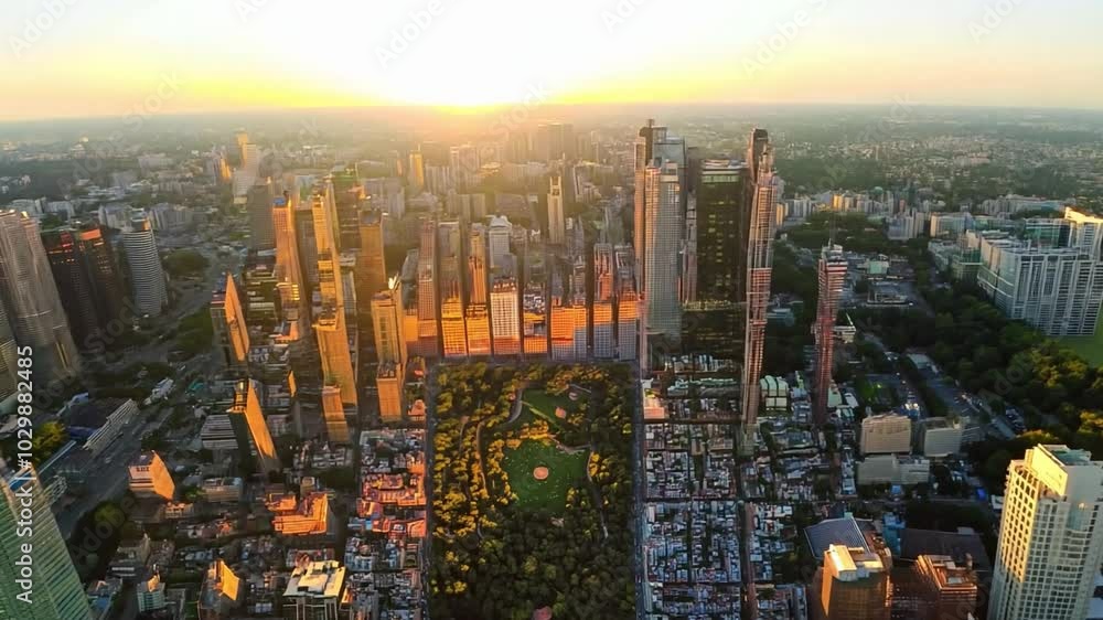 Aerial view of a vibrant cityscape at sunset, skyscrapers bathed in warm golden light, a central park offering a tranquil contrast. Aerial view of a vibrant cityscape at sunset, skyscrapers bathed in warm golden light, a central park offering a tranquil contrast.