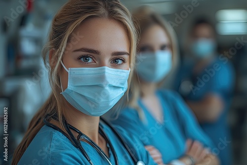 Healthcare workers in a hospital room, wearing face masks, stand with their arms crossed, demonstrating a professional and cautious approach.