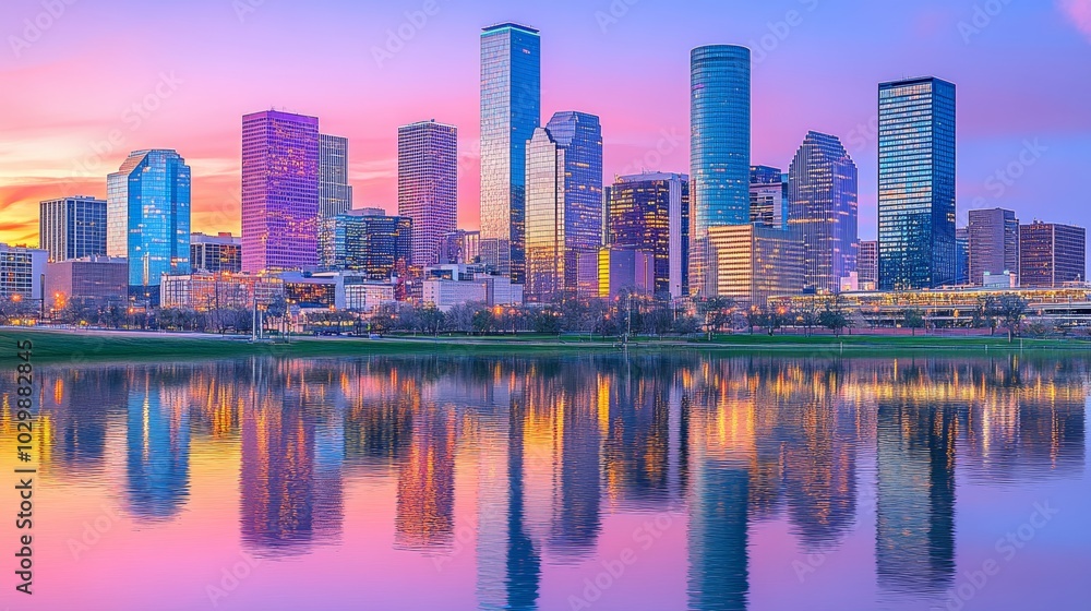 Obraz premium Houston Skyline Reflection at Sunset with Water and Cityscape