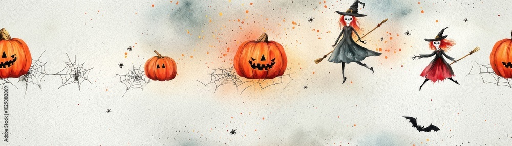 Witches flying with pumpkins, Halloween theme, white isolate background Witches flying with pumpkins, Halloween theme, white isolate background