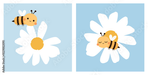 Bee cartoons and daisy icon sign. Seamless pattern with bee cartoons and daisy flower on blue background vector.