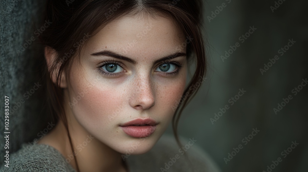 Obraz premium Close up Portrait of Young Woman with Green Eyes and Freckles