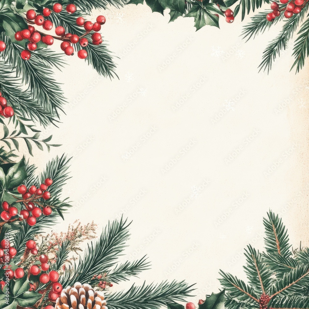 Beautiful holiday border with pine branches, berries, and a blank center for your seasonal messages or designs. Beautiful holiday border with pine branches, berries, and a blank center for your seasonal messages or designs.