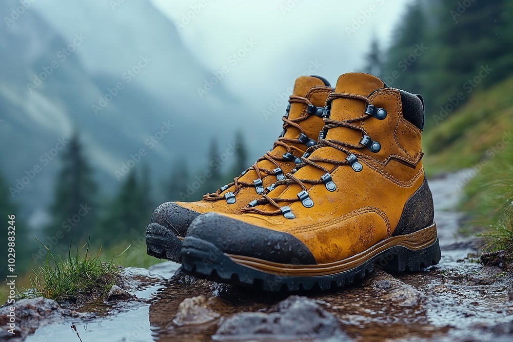Hiking boots placed on a mountain trail. Hiking boots placed on a mountain trail.
