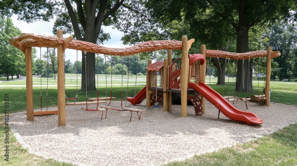 Wooden Swing Set and Slide on Playground with Red Rubber Mulch Wooden Swing Set and Slide on Playground with Red Rubber Mulch