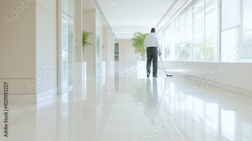 A spotless office hallway with a professional cleaner mopping the floor. The minimalist design and clean