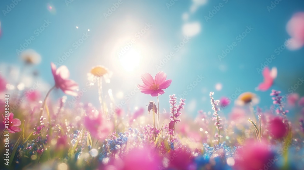 Springtime Meadow with Pink Flowers and Sunbeams Springtime Meadow with Pink Flowers and Sunbeams
