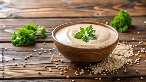 Sesame seed tahini mixed with parsley in rustic bowl on wooden surface