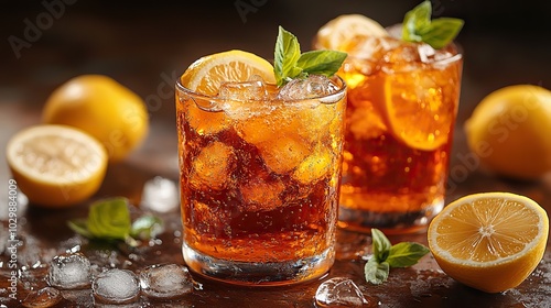 Iced tea with lemon slices and ice cubes offers refreshment.