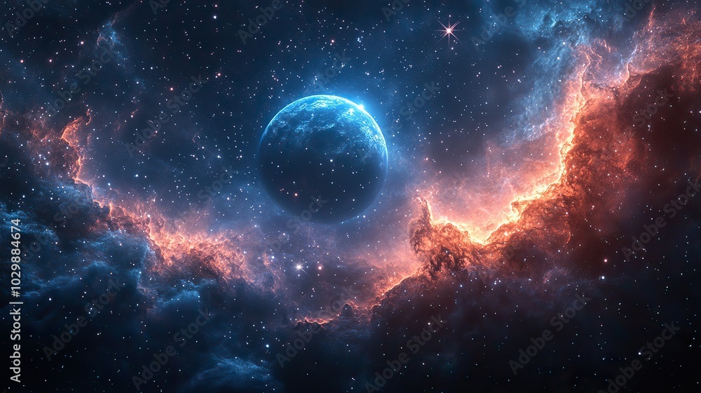 In deep space, a planet and star clusters shine brightly amidst glittering nebulas. In deep space, a planet and star clusters shine brightly amidst glittering nebulas.