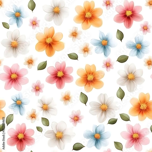 Wallpaper Mural vibrant pattern of soft watercolor flowers in various colors, including pink, orange, blue, and white, set against clean white background, creating cheerful and fresh atmosphere Torontodigital.ca