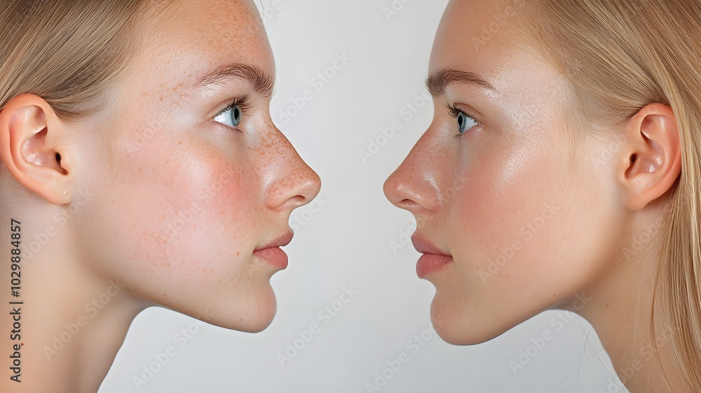 Side-by-side photos of a patient before and after rhinoplasty, with front and side views showing enhanced facial symmetry and natural nose contours, Realistic, Soft Focus Side-by-side photos of a patient before and after rhinoplasty, with front and side views showing enhanced facial symmetry and natural nose contours, Realistic, Soft Focus