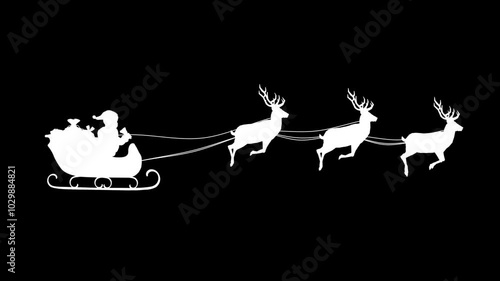 Silhouette Santa Claus on sleigh with Christmas gifts and three 3 reindeers pulling the sledge Luma Matte loop photo