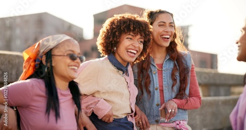 Photography Friends, talking and gen z outdoor for fashion, bonding and communication with trendy cool outfit