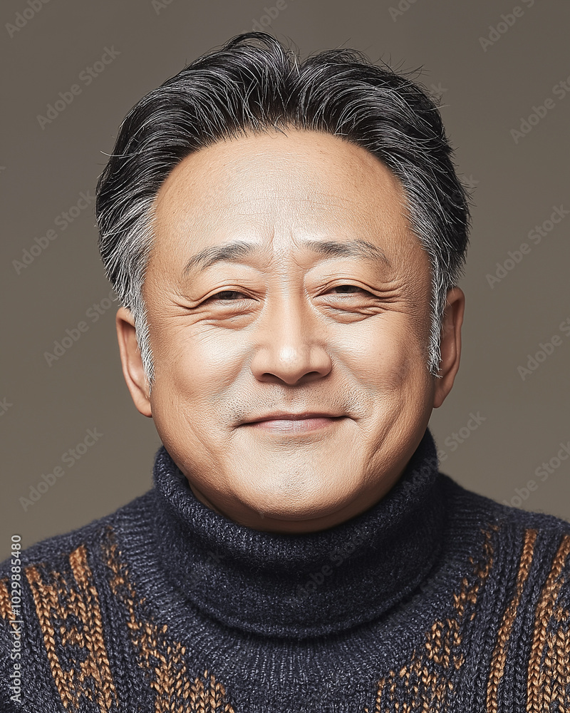 Obraz premium Closeup portrait of a Chinese adult with smiling expression and casual black clothes, looking at camera