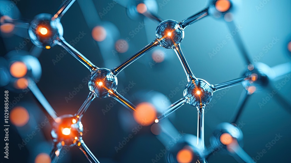 Abstract molecular structure with glowing nodes and connections, blue and black background. Abstract molecular structure with glowing nodes and connections, blue and black background.