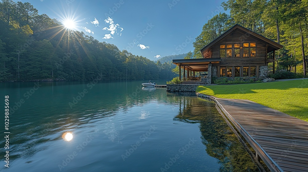 Naklejka premium Lakefront home with a dock and boat on a sunny day with a grassy hill.