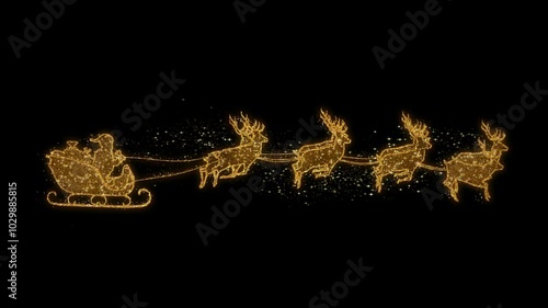 Golden Santa Claus on sleigh with Christmas gifts and eight 8 reindeers pulling the sledge loop