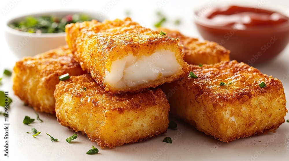 Macro view of golden crispy fried fish fingers on a white background. Macro view of golden crispy fried fish fingers on a white background.