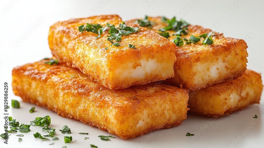 Macro view of golden crispy fried fish fingers on a white background. Macro view of golden crispy fried fish fingers on a white background.
