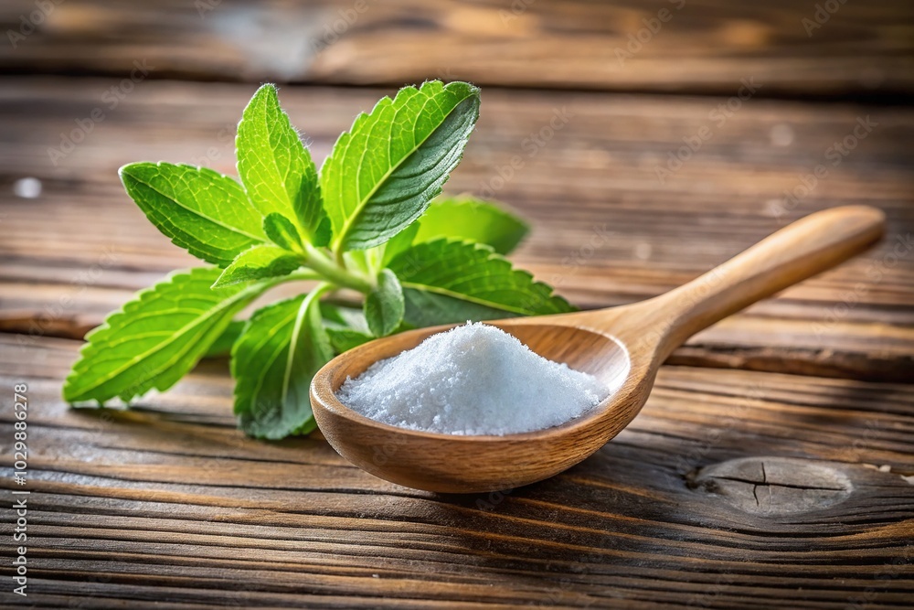 Stevia Sugar Powder in Wooden Spoon with Fresh Leaves on Rustic Wooden Background - Natural Sweetener Photography Stevia Sugar Powder in Wooden Spoon with Fresh Leaves on Rustic Wooden Background - Natural Sweetener Photography