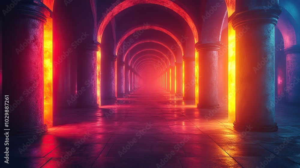 Fototapeta premium Neon arcs and glowing columns in a dark setting, creating a vibrant and futuristic atmosphere.