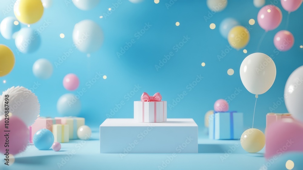 Blue backdrop featuring a white podium with colorful presents scattered around, ideal for announcements and event branding