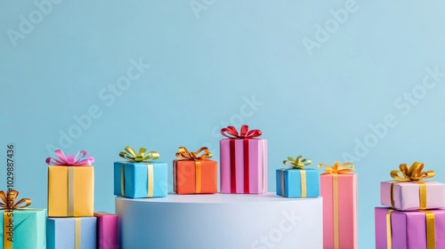 Assorted colorful gift boxes arranged around a minimalist white podium with a blue backdrop, ready for product displays or marketing