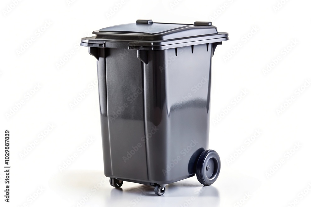 Trash bin with black wheels isolated on white background, with depth of field effect Trash bin with black wheels isolated on white background, with depth of field effect