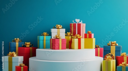 Elevated white podium with a collection of colorful gift boxes, placed in front of a vivid blue backdrop for festive marketing